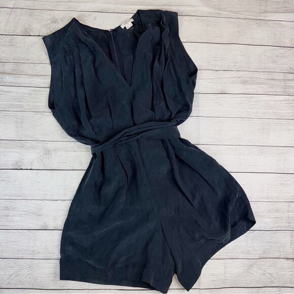 Helmut Lang 100% Silk V-Neck Romper with Tie Deep Blue Gray Size 8 - Picture 4 of 9